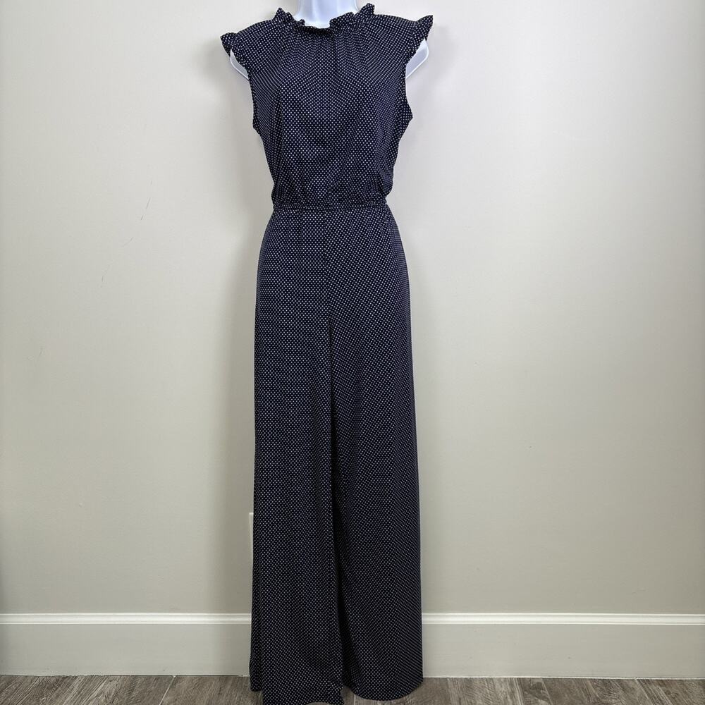 Adrianna Papell Polka Dot Wide Leg Ruffle Neck Jumpsuit Small
